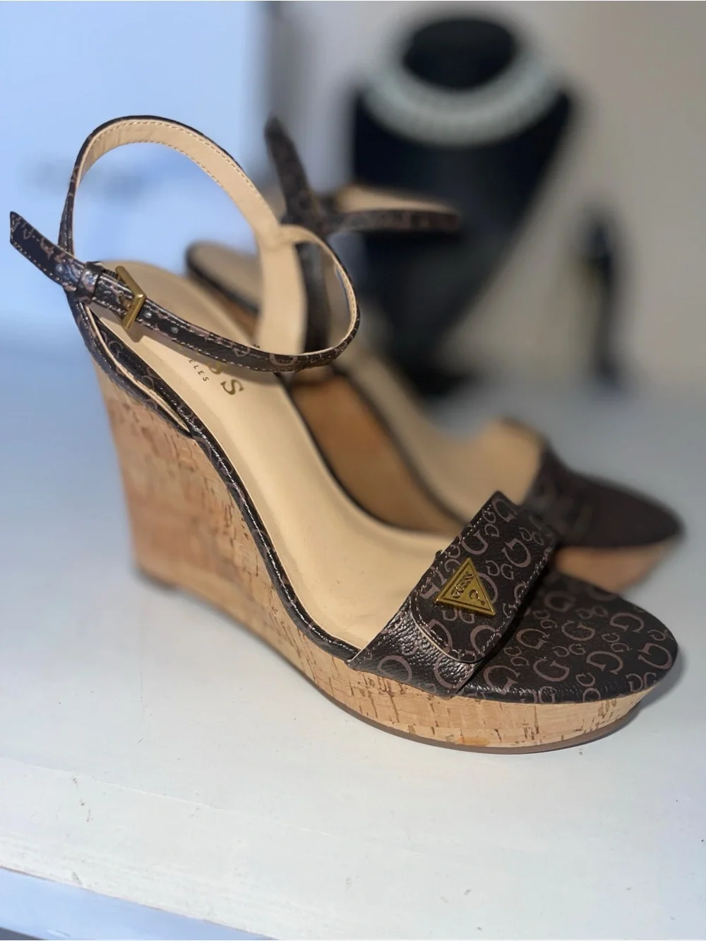 GUESS Brown Logo Cork Wedge Sandals with Ankle Strap